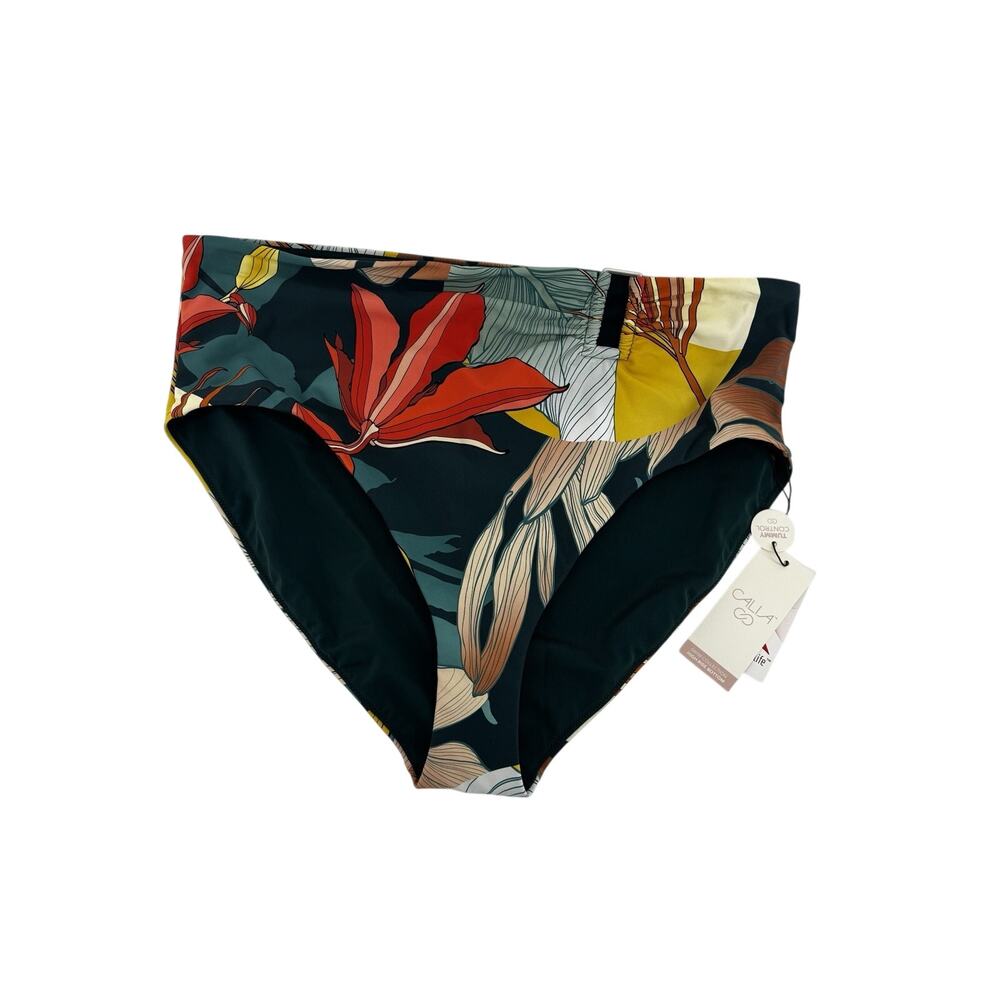 CALIA Women's Asymmetrical Rectangle Swim Bottoms Botanical Print Sea Green XXL